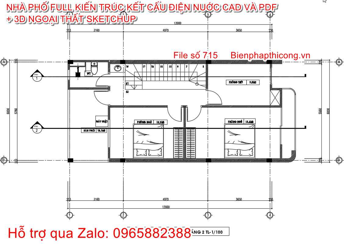 Mặt bằng tầng 2 nhà phố 2 tầng 6m x 12m