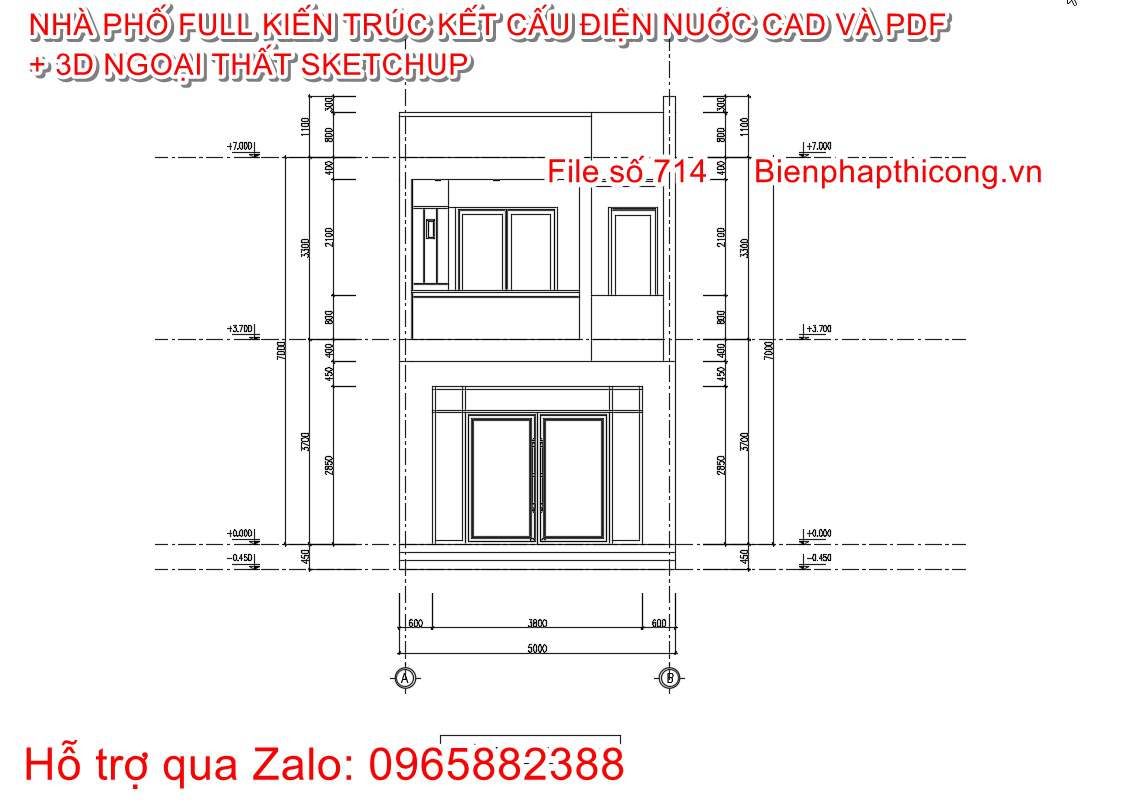 Mặt đứng công trình nhà phố 2 tầng rộng 5m.