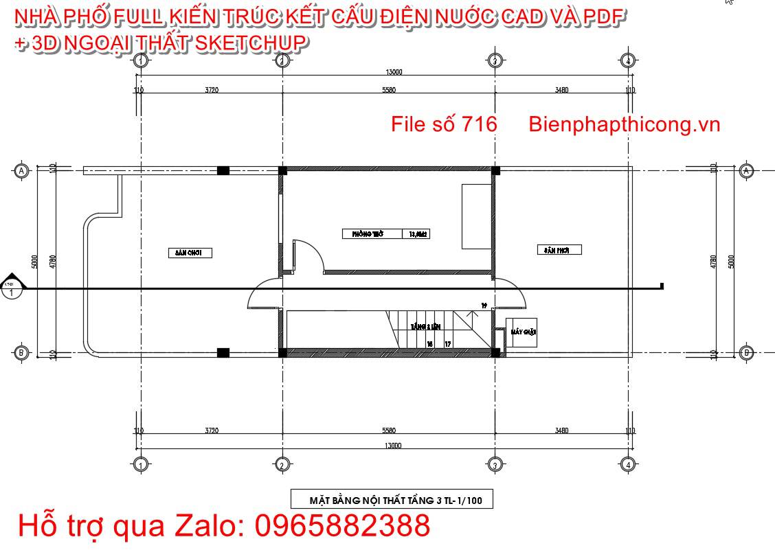 Bản vẽ mặt bằng nhà phố 3 tầng 5m x 13m đẹp.