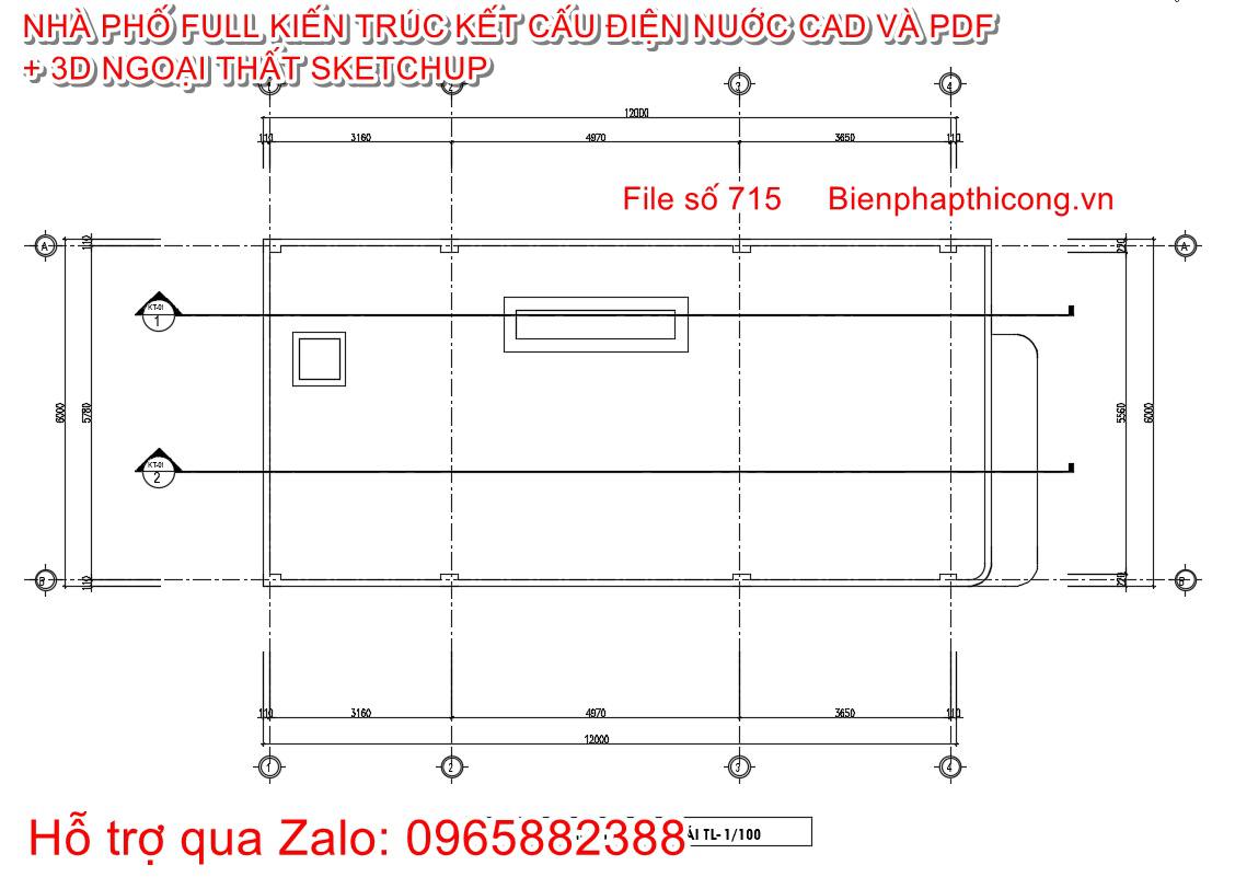 Mặt bằng tầng mái nhà phố 2 tầng cad 6m.