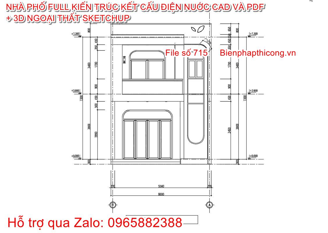 Mặt đứng công trình nhà phố 2 tầng 6m x 12m.