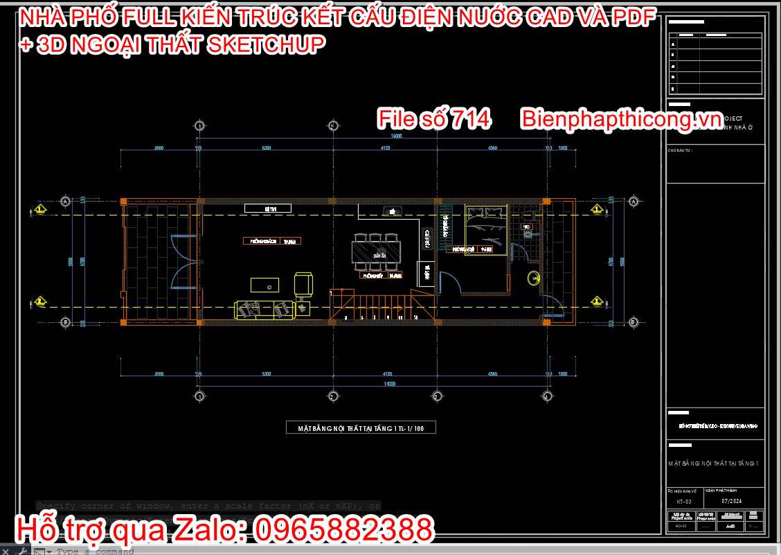 Mặt bằng tầng 1 nhà phố 2 tầng mặt tiền 5m x 14m.