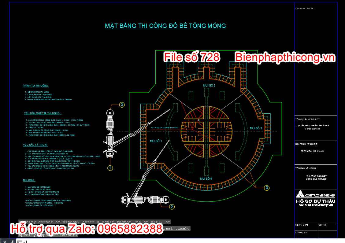 Bản vẽ biện pháp mặt bằng thi công móng silo xi măng.
