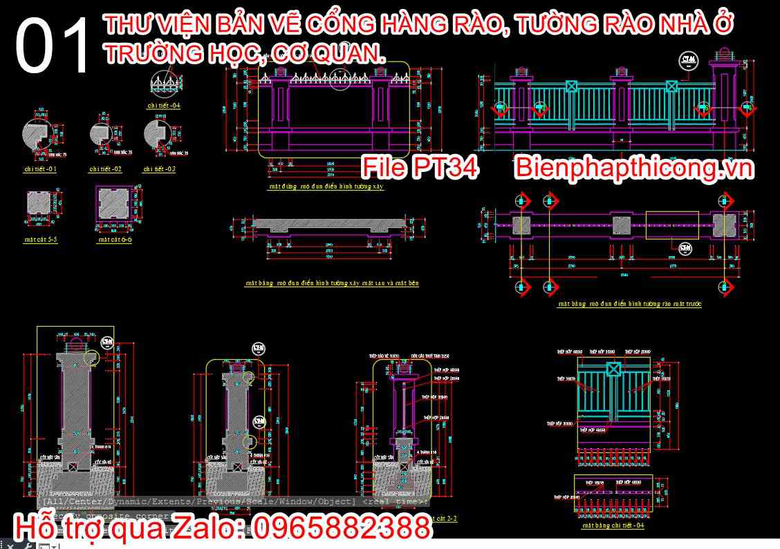 Bản vẽ cad tường rào có mác bảo vệ bằng gang đúc.