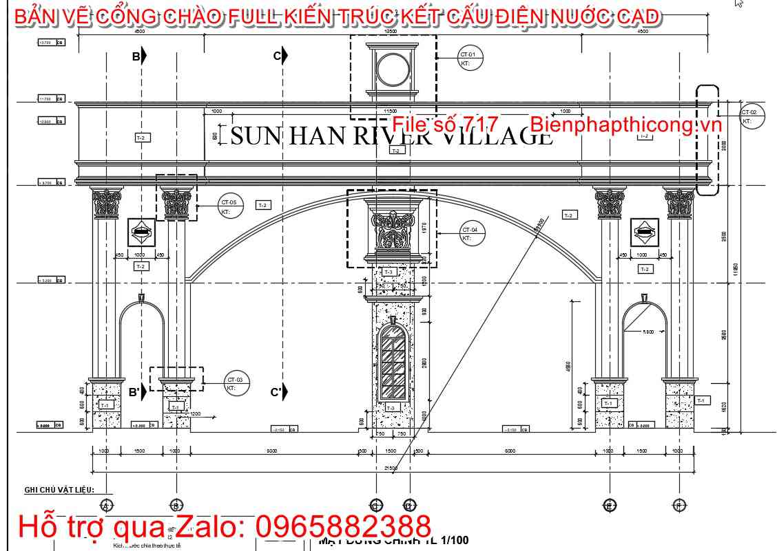 Hồ sơ bản vẽ cad cổng chào tân cổ rộng 21m cao 12m full.