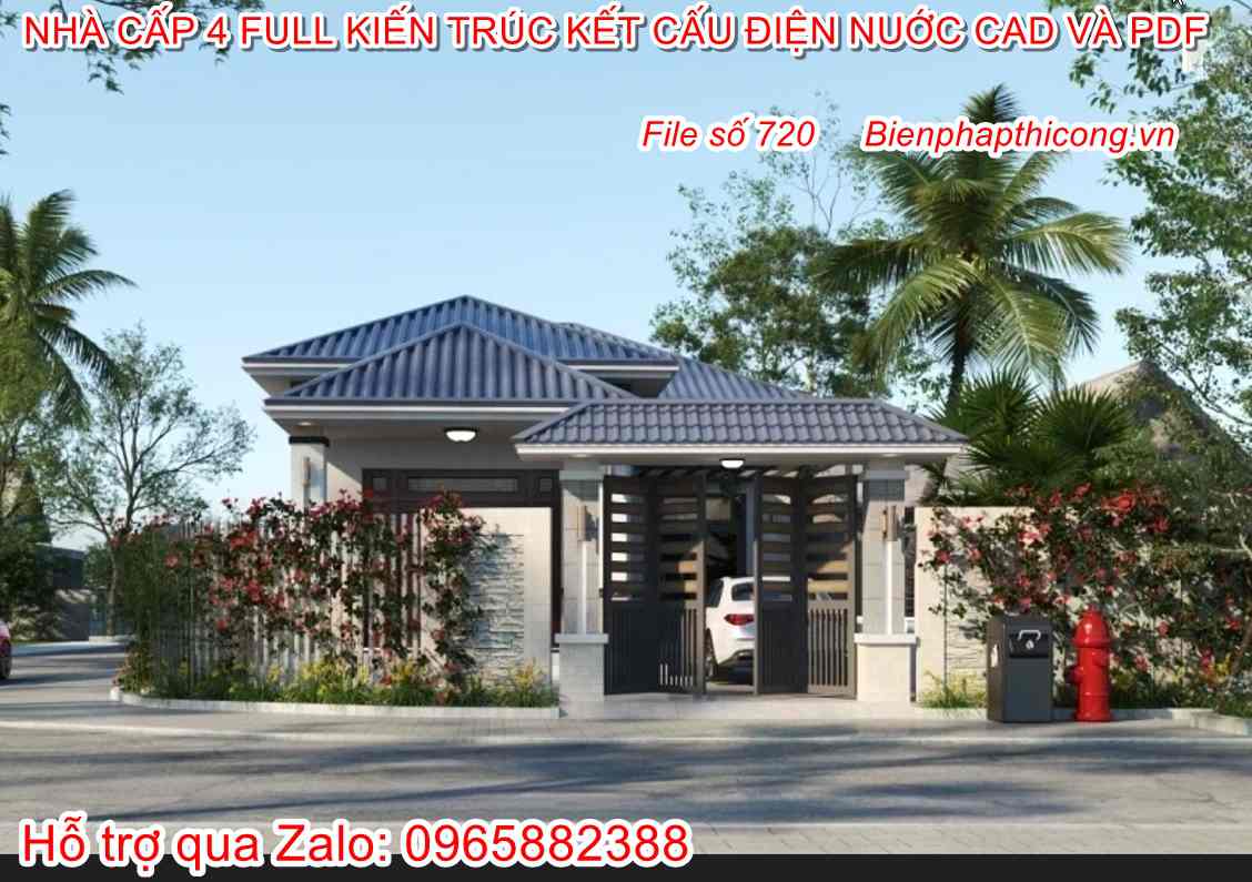 Hstk bản vẽ nhà cấp 4 mái nhật chữ L mặt tiền 8,5m.