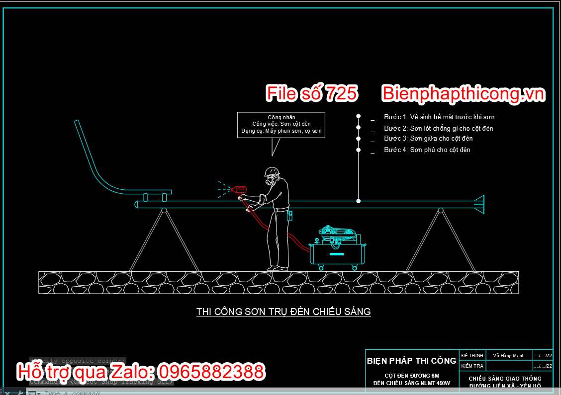 Bản vẽ biện pháp thi công sơn trụ đèn chiếu sáng.