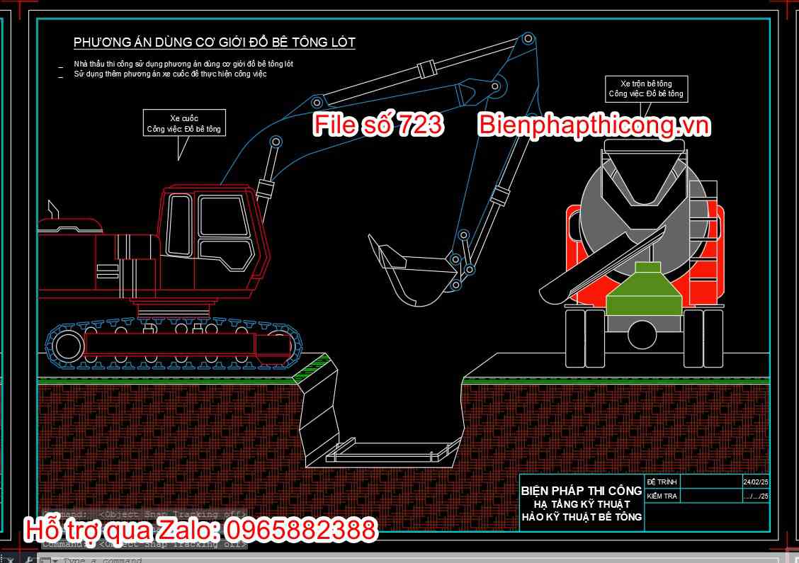 Phương án dùng cơ giới đổ bê tông lót cad.