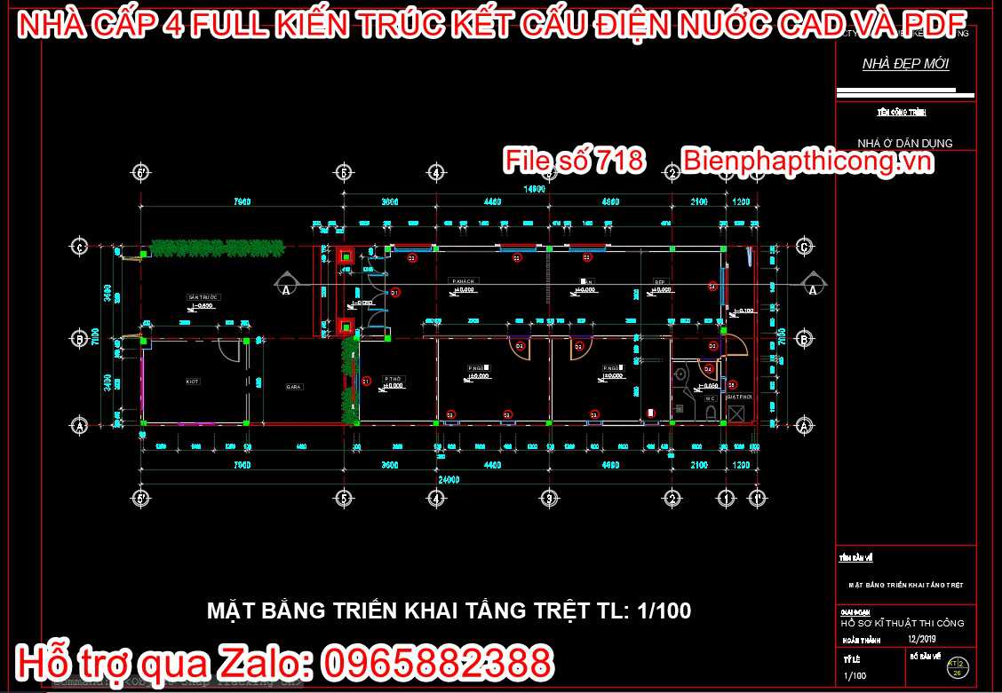 Tải bản vẽ cad nhà cấp 4 2 ngủ 7m x 15m.