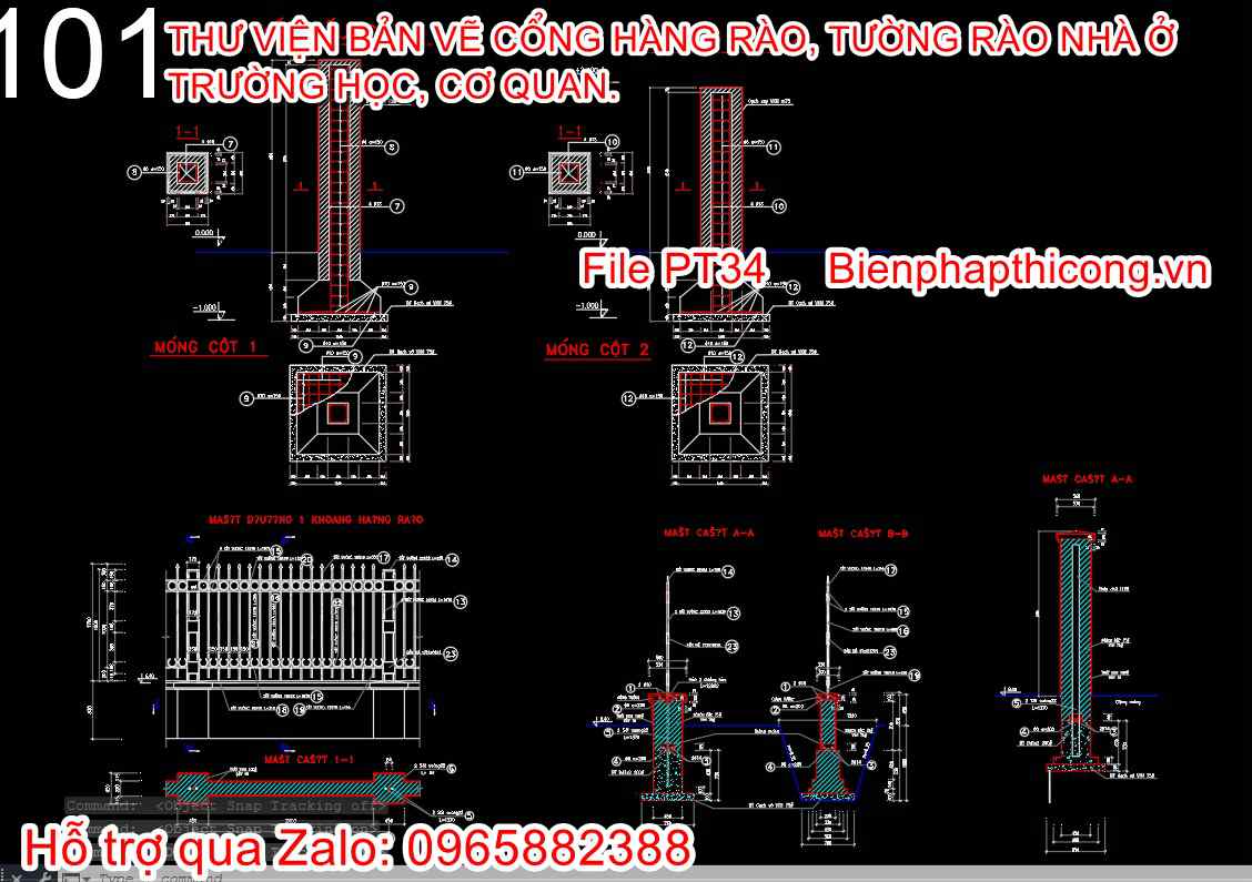 Bản vẽ thiết kế chi tiết cột và hàng rào cad.
