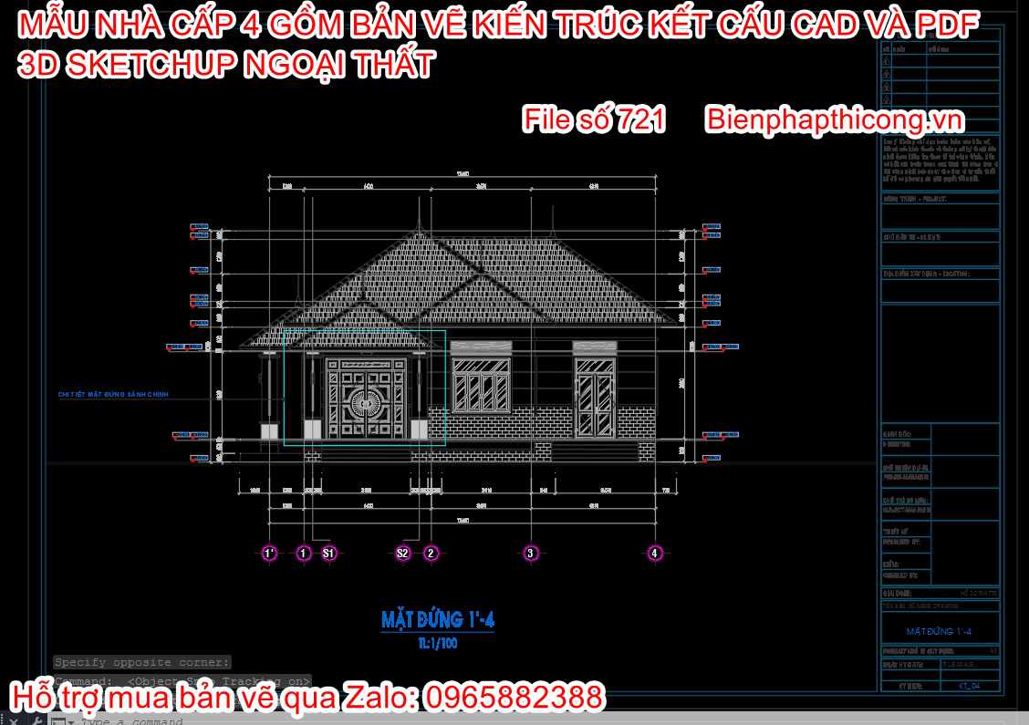 Bản vẽ mặt đứng nhà cấp 4 3 ngủ mái nhật.