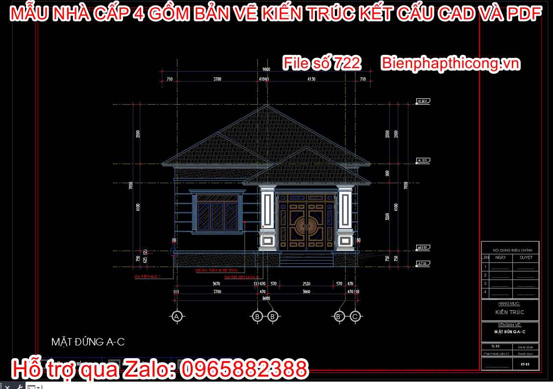 File autocad nhà cấp 4 mặt tiền 9m x 15m.