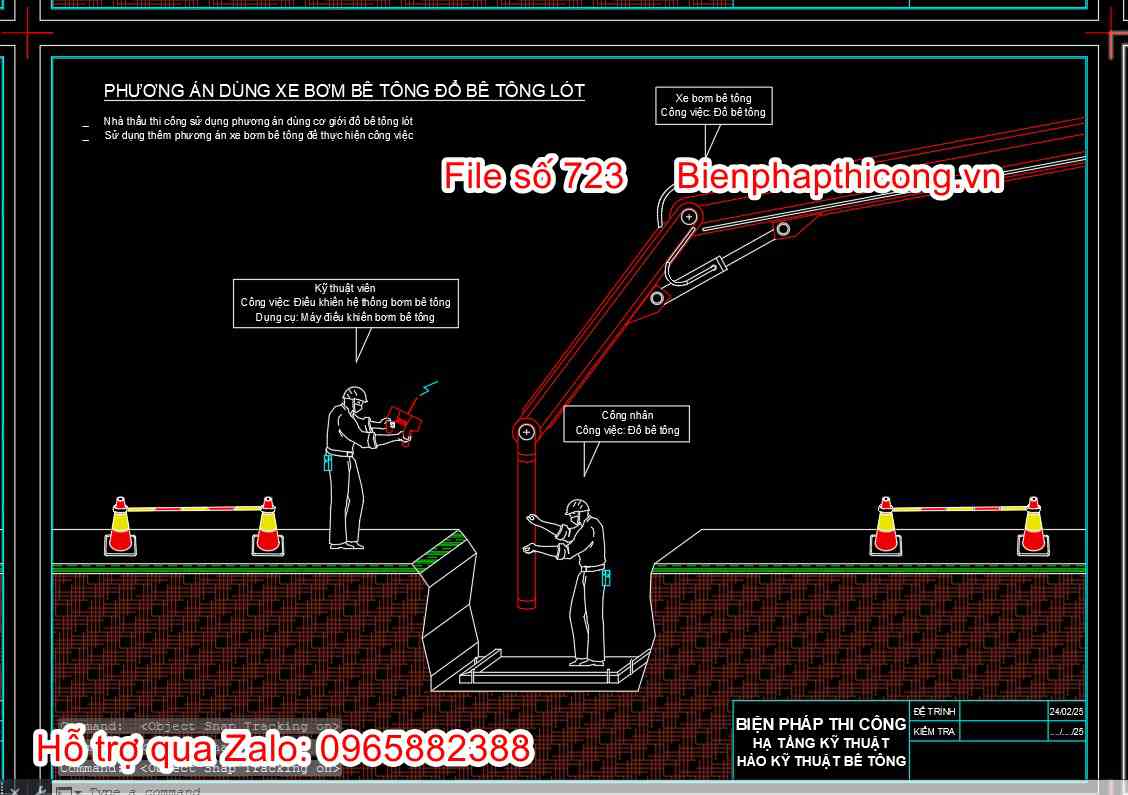 Phương án dùng xe bơm bê tông đổ bê tông lót cad.