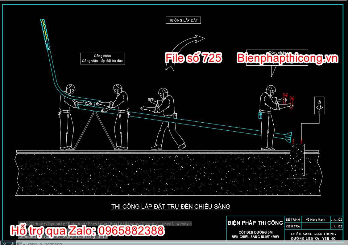 Bản vẽ bptc lắp dựng trụ đèn chiếu sáng cad.