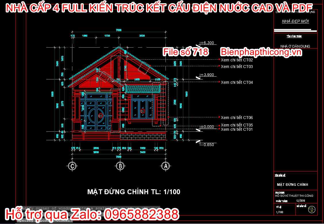 Bản vẽ mặt đứng autocad nhà cấp 4 mái thái cad.