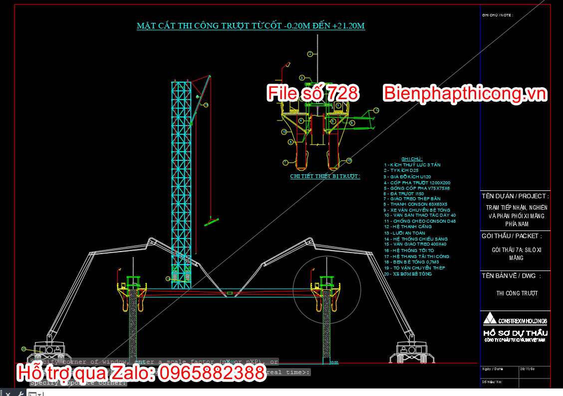 Mặt cắt biện pháp thi công trượt silo.