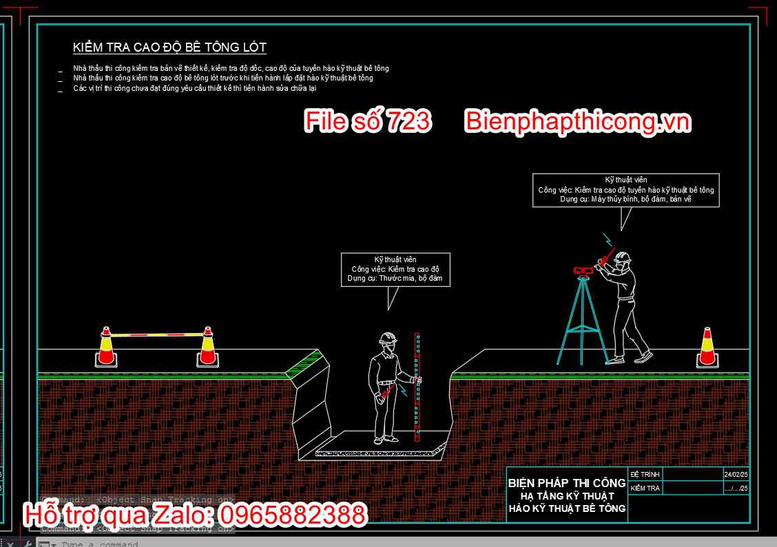 Bản vẽ biện pháp kiểm tra cao độ bê tông lót cad.