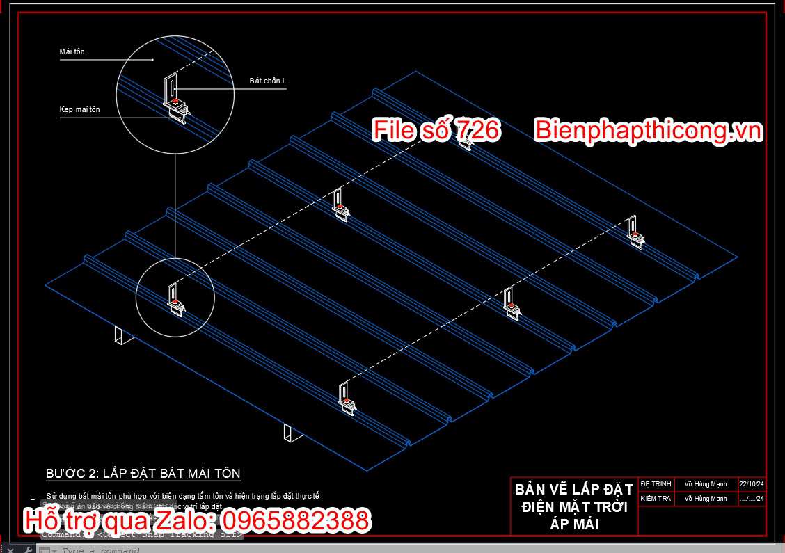 Bản vẽ biện pháp lắp đặt bát mái tôn điện mặt trời.