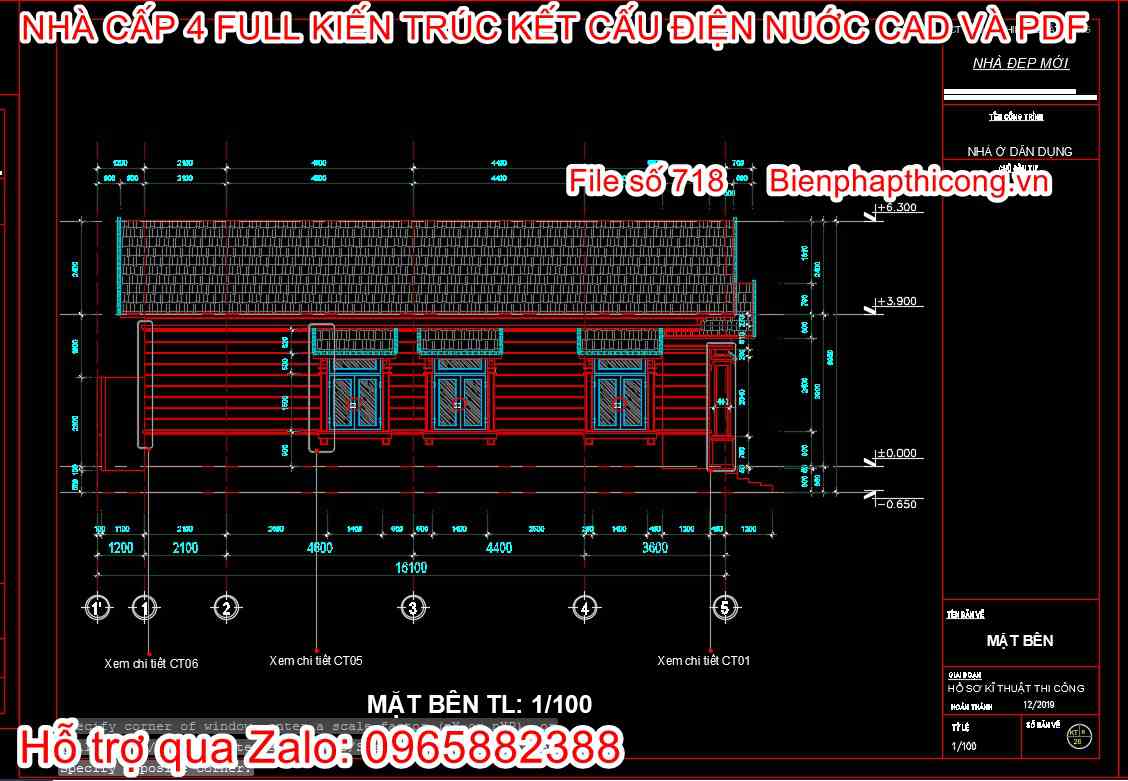 Mẫu bản vẽ mặt đứng nhà cấp 4 mái thái cad.