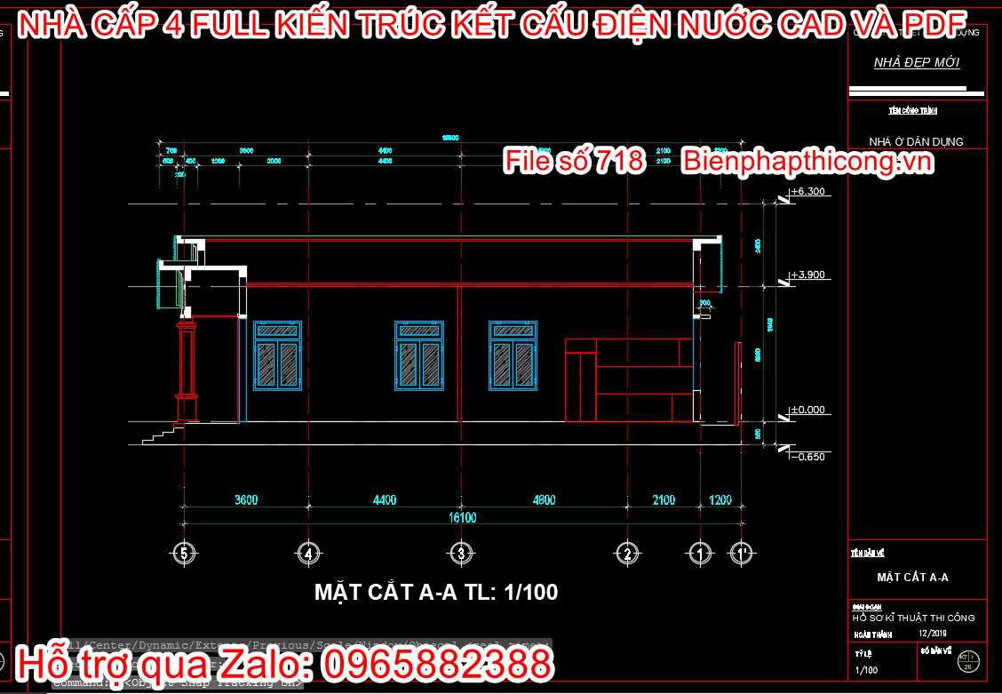 Bản vẽ mặt cắt nhà cấp 4 mái thái rộng 7m x 15m.