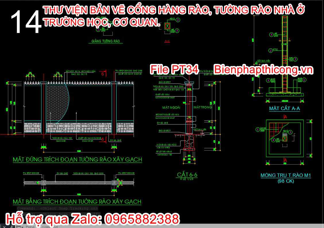 Download bản vẽ thiết kế tường rào xây gạch cad.