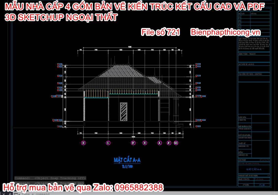 File dwg bản vẽ nhà cấp 4 mái nhật 3 ngủ.