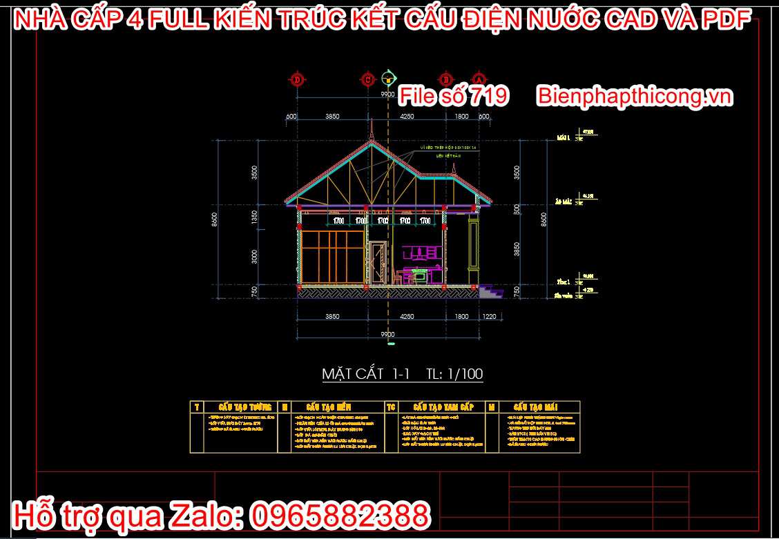 Hồ sơ thi công bản vẽ cad nhà cấp 4 800 đến 900 triệu.