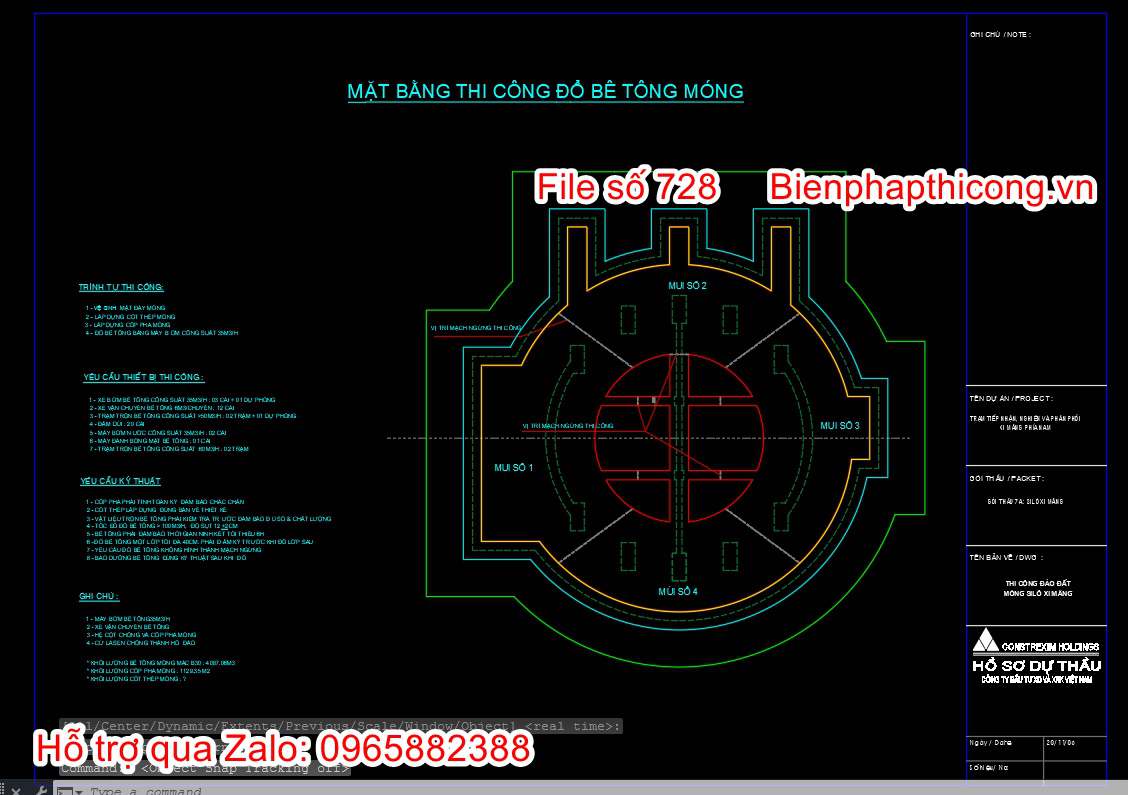 Mặt bằng đổ bê tông móng silo xi măng.
