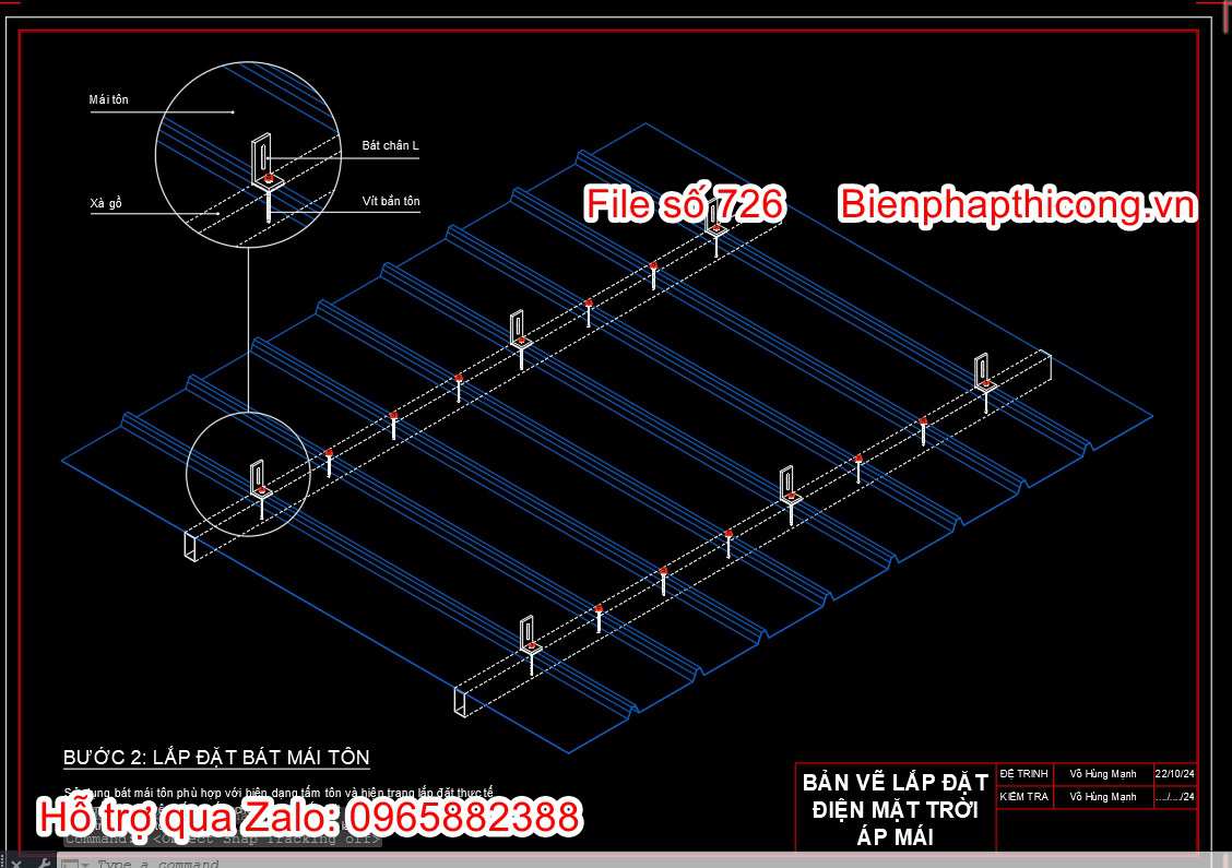 Bản vẽ bptc lắp đặt bạt mái tôn cad.