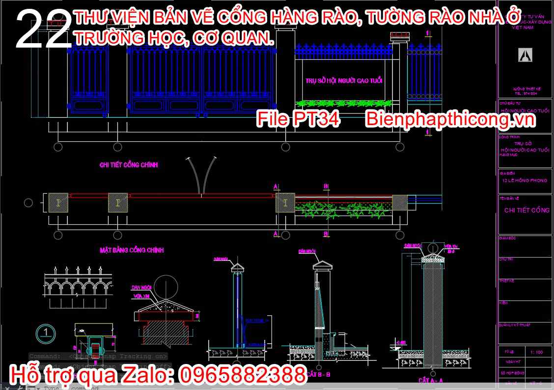 Bản vẽ thiết kế cổng 2 cánh to trụ sở cad.