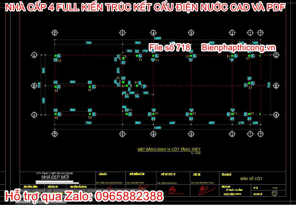 Bản vẽ thiết kế xây dựng phần kết cấu nhà cấp 4 mái thái.