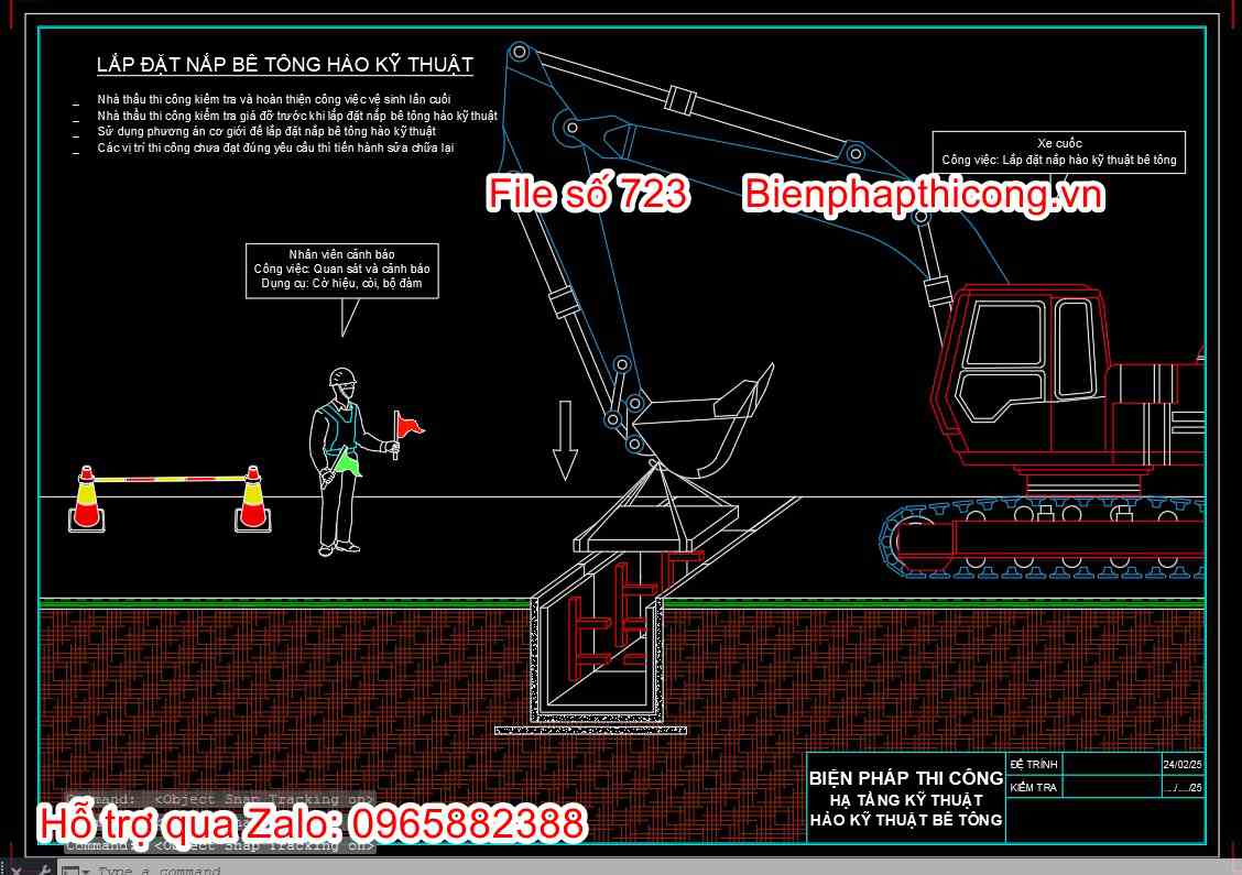 Bản vẽ biện pháp lắp đặt nắp bê tông hào kỹ thuật.