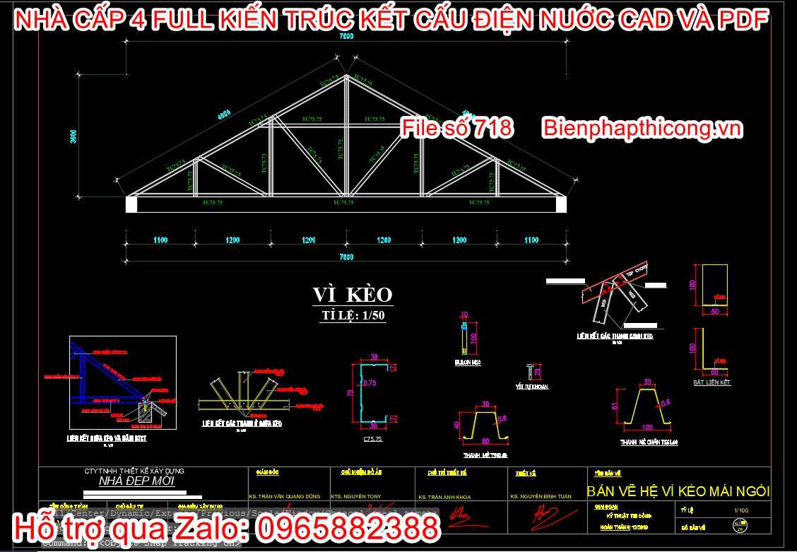 Bản vẽ kèo xà gồ mái nhà cấp 4 mái thái cad.