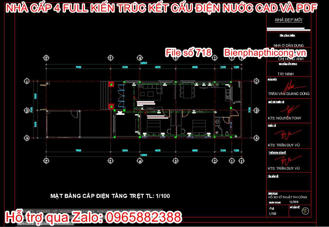 Bản vẽ thiết kế điện nước nhà cấp 4 mái thái 2 ngủ.