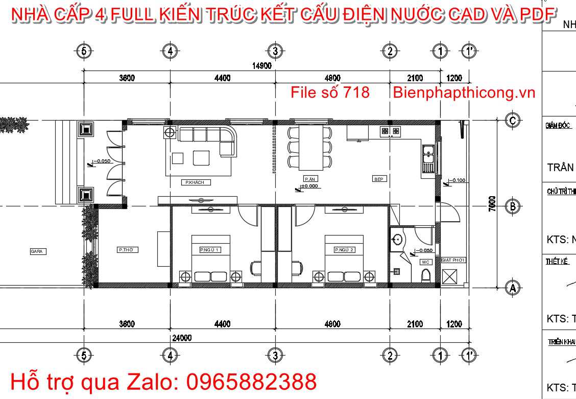 Bản vẽ mặt bằng nhà cấp 4 7m x 15m full.