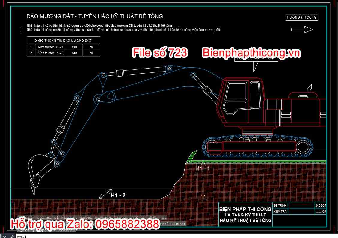 Đào mương đất tuyến hào kỹ thuật bê tông cad.