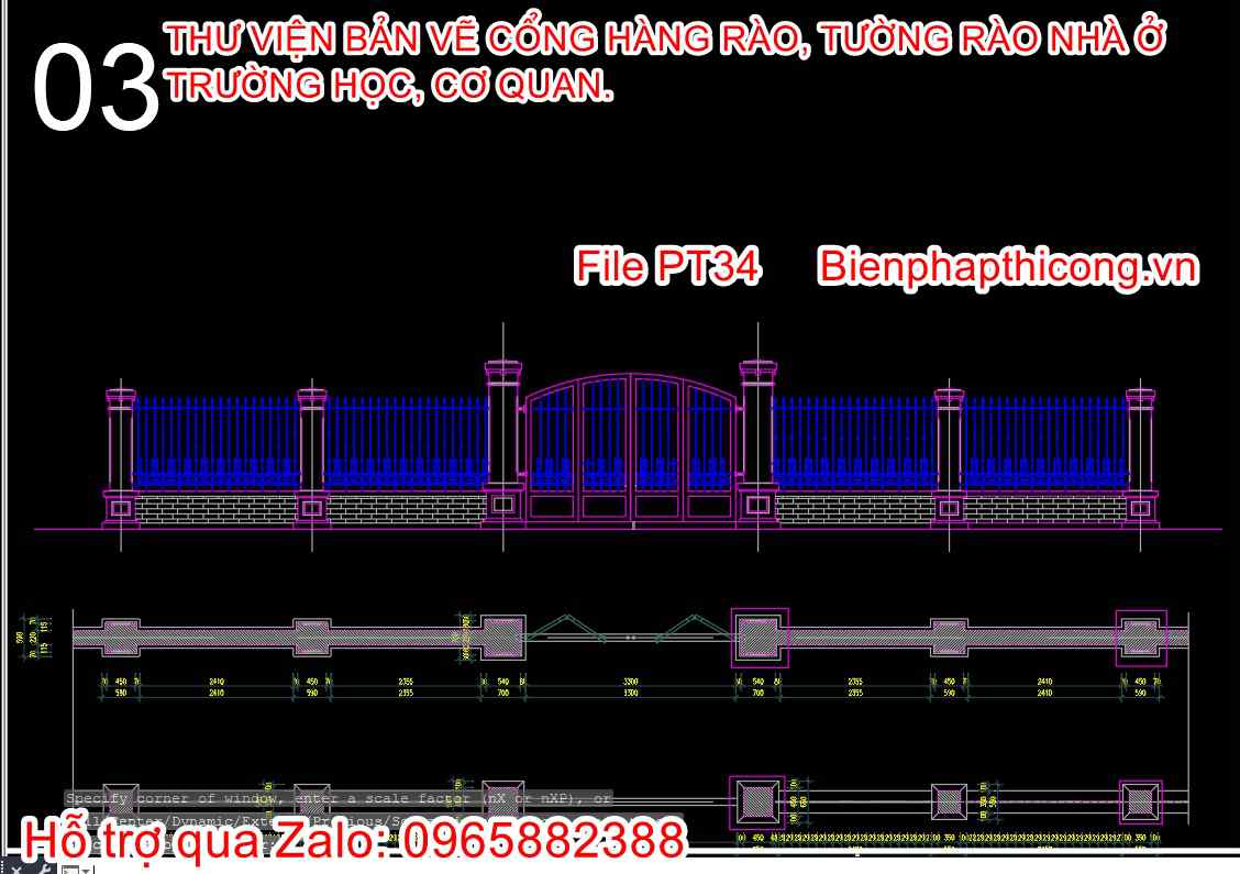 File cad cổng tường rào trường học.