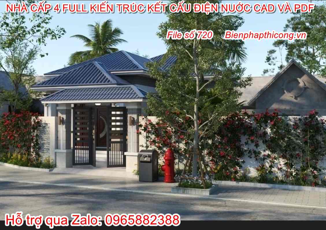 Hồ sơ thi công bản vẽ autocad nhà cấp 4 chữ L mặt tiền 8,5m.