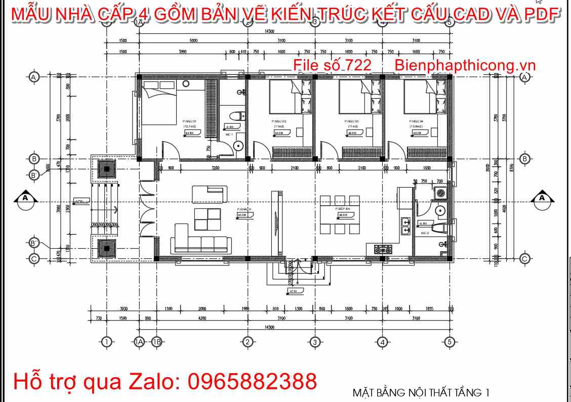 Mặt bằng nhà cấp 4 mái nhật 3 ngủ mặt tiền 9m x 15m.
