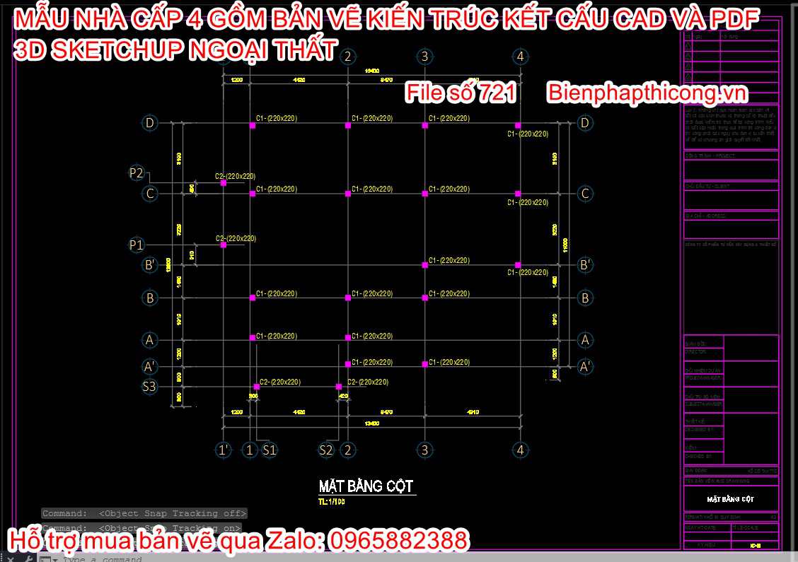Bản vẽ file cad chi tiết cột nhà cấp 4 mái nhật 130m2.