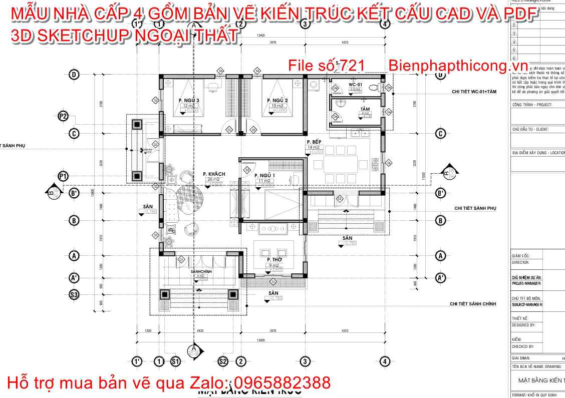 Bản vẽ mặt bằng nhà cấp 4 3 ngủ 130m2 12m x 11m.