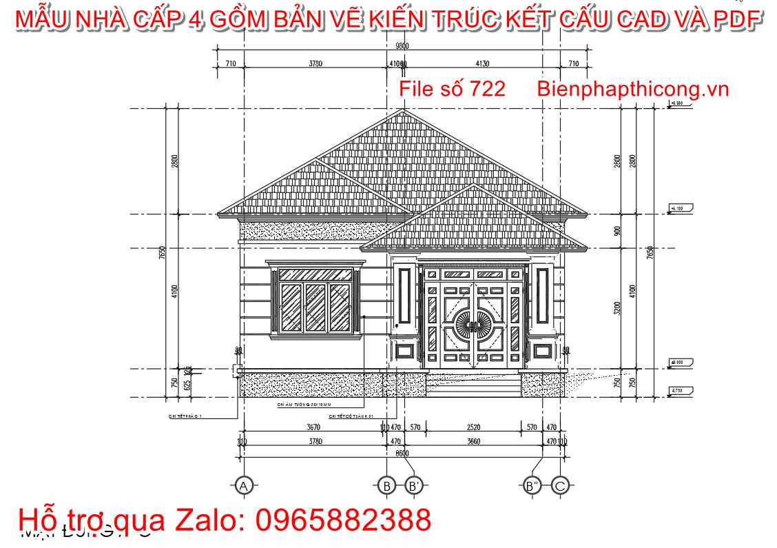 Bản vẽ mặt đứng nhà cấp 4 mái nhật chi phí 900 triệu.