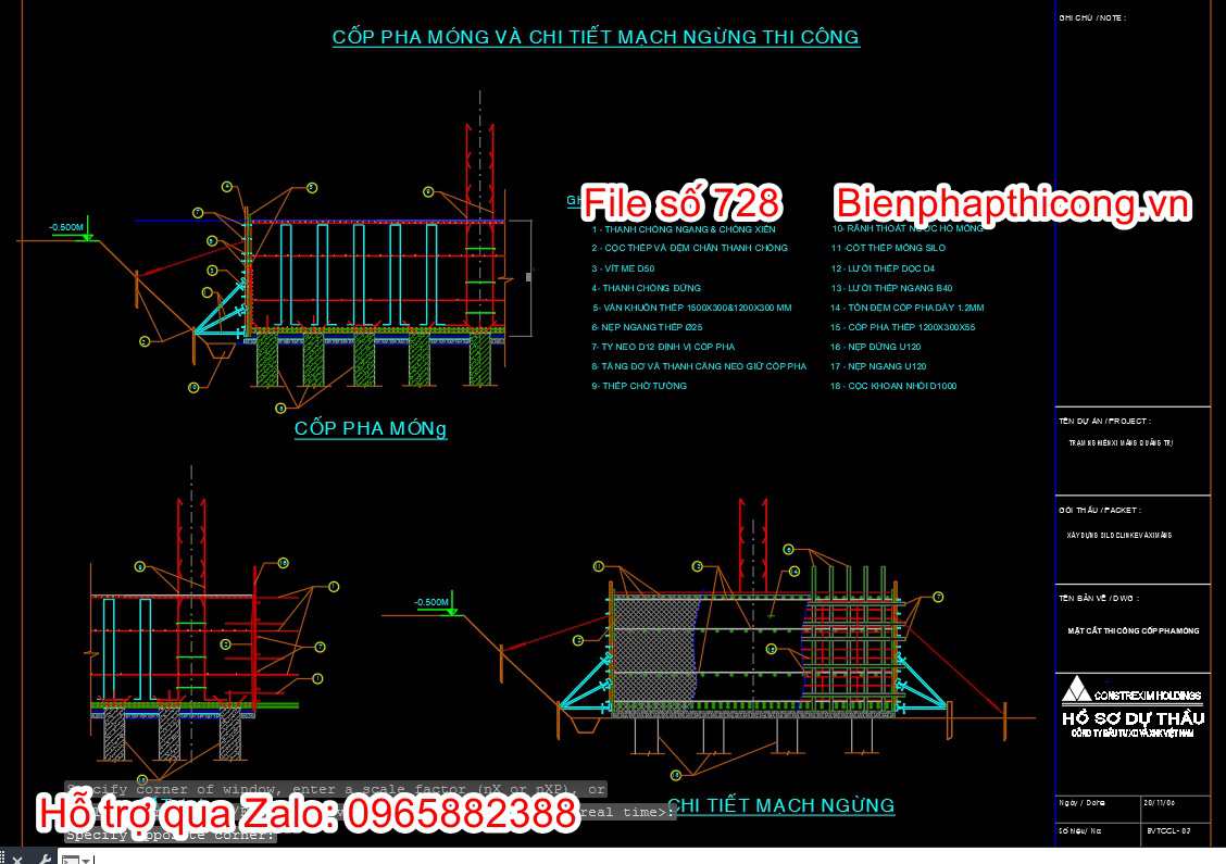 Biện pháp coppha móng và chi tiết mạch ngừng thi công silo.
