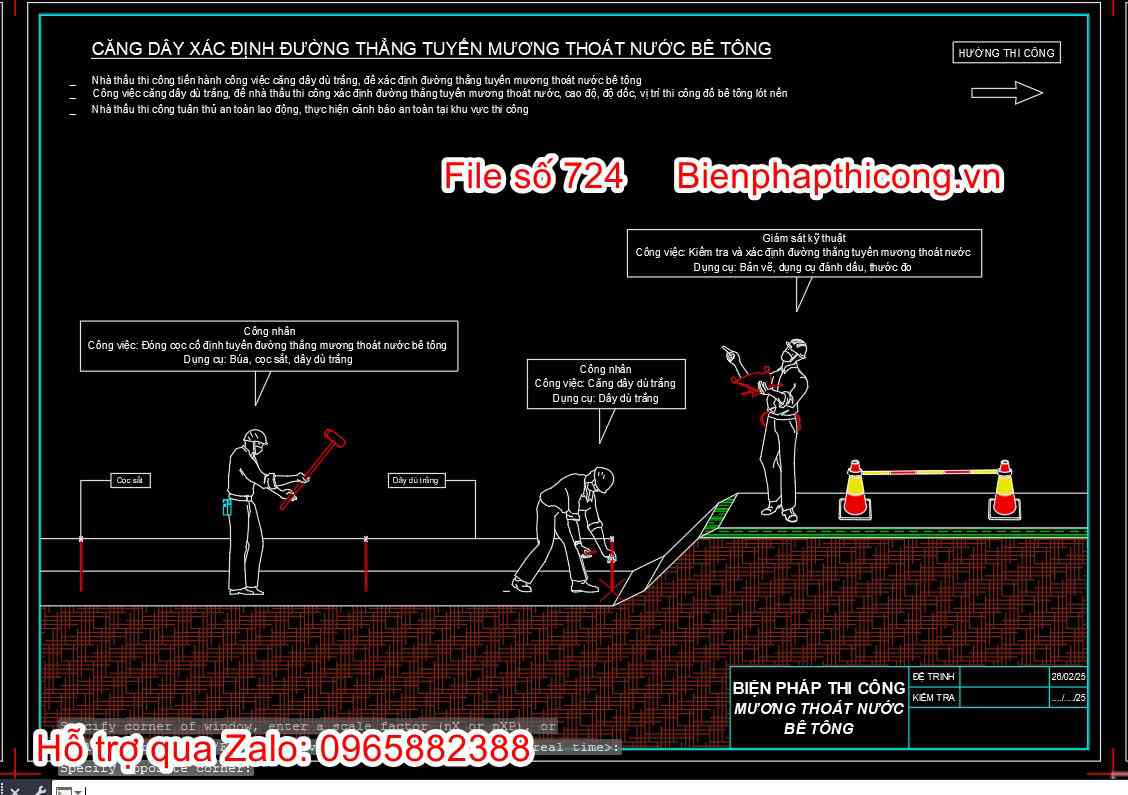 Căng dây xác định đường thẳng tuyến mương thoát nước.