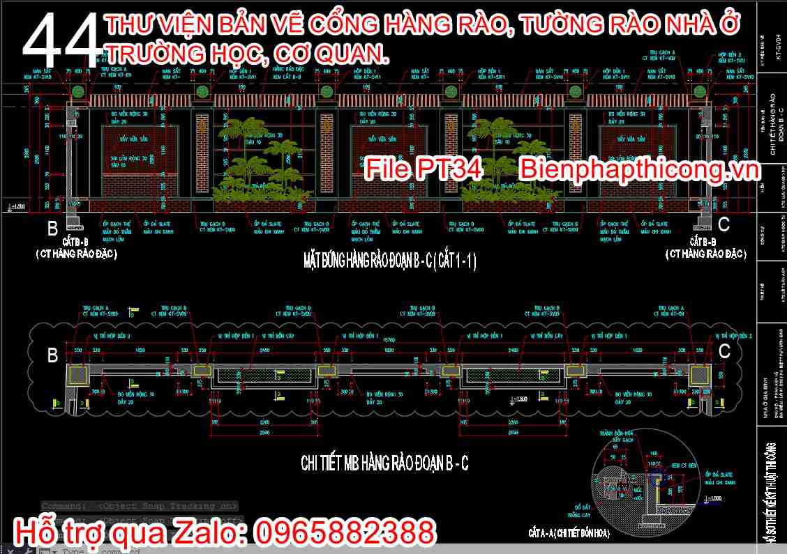 Bản vẽ thiết kế chi tiết hàng rào xây gạch đặc cad.