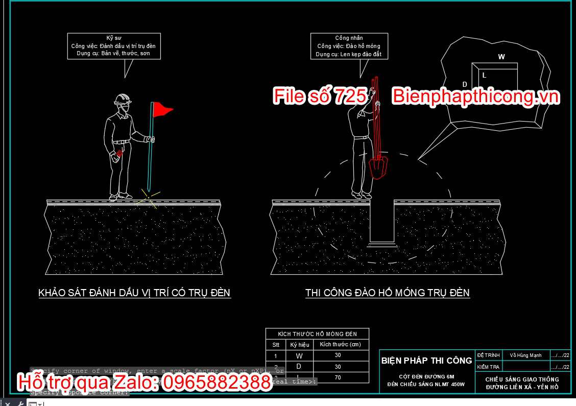 Bản vẽ biện pháp thi công hố móng trụ đèn cad.