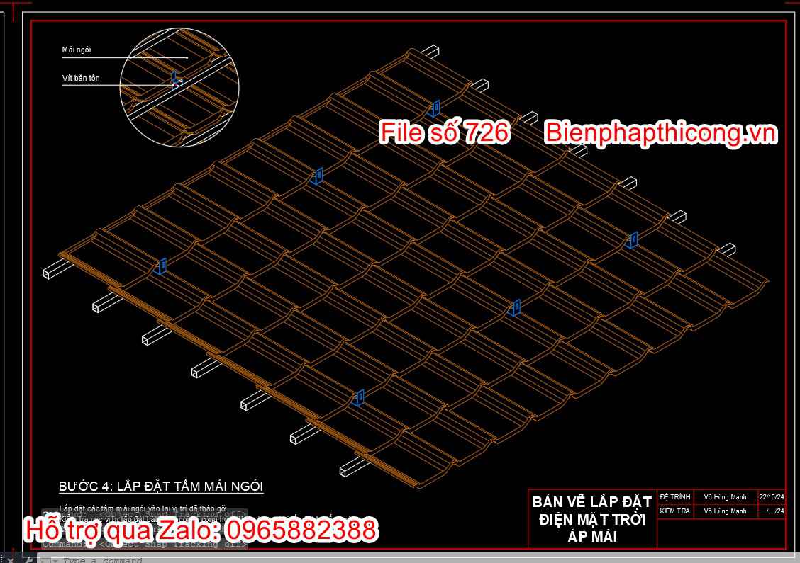 Bản vẽ biện pháp thi công lắp đặt tấm mái ngói cad.
