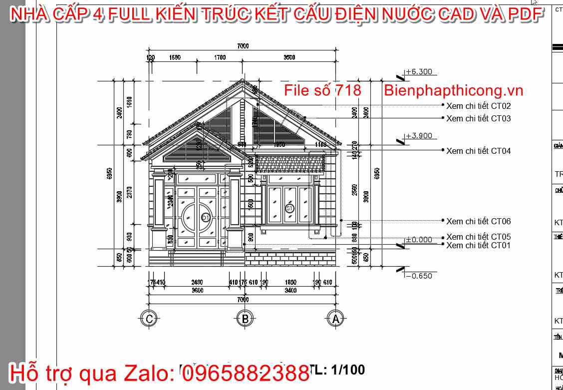 Bản vẽ mặt đứng công trình bản vẽ nhà cấp 4 rộng 7m.