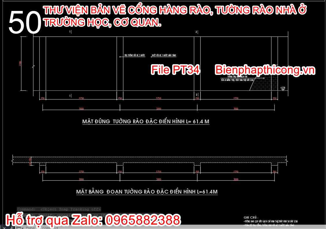 Bản vẽ thiết kế chi tiết tường rào xây gạch cad.