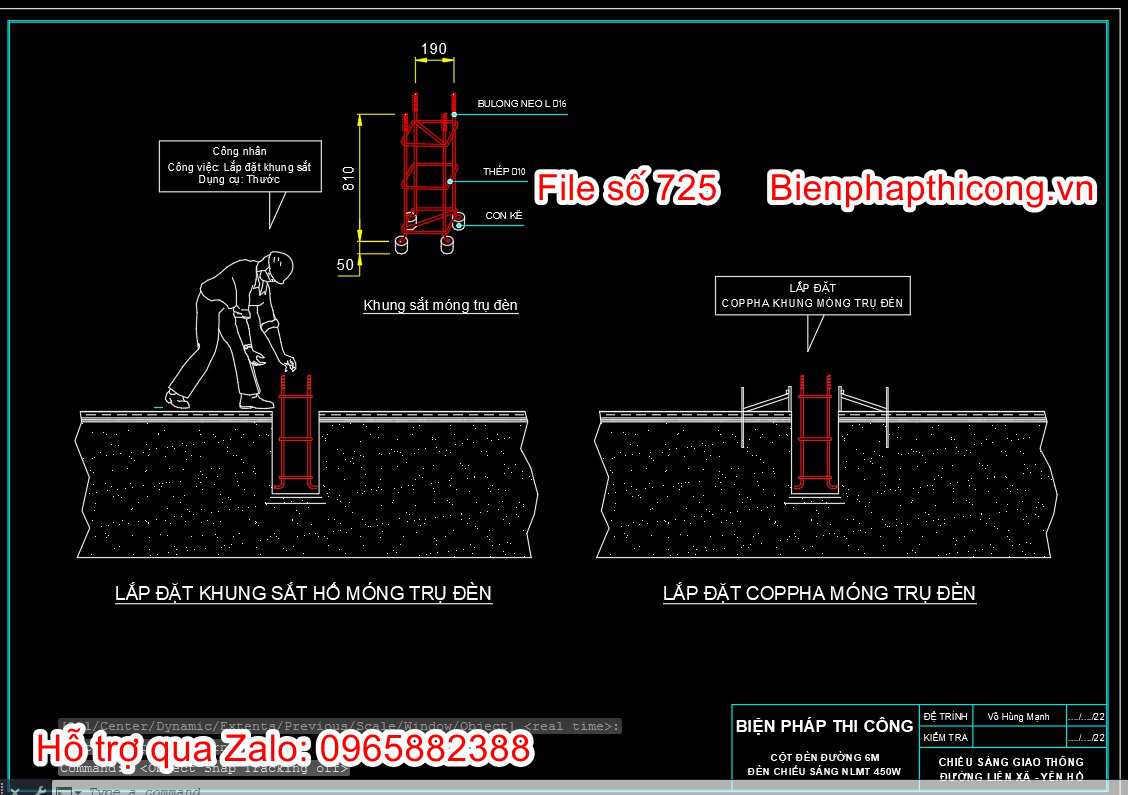 Bản vẽ biện pháp thi công khung sắt hố móng trụ đèn cad.